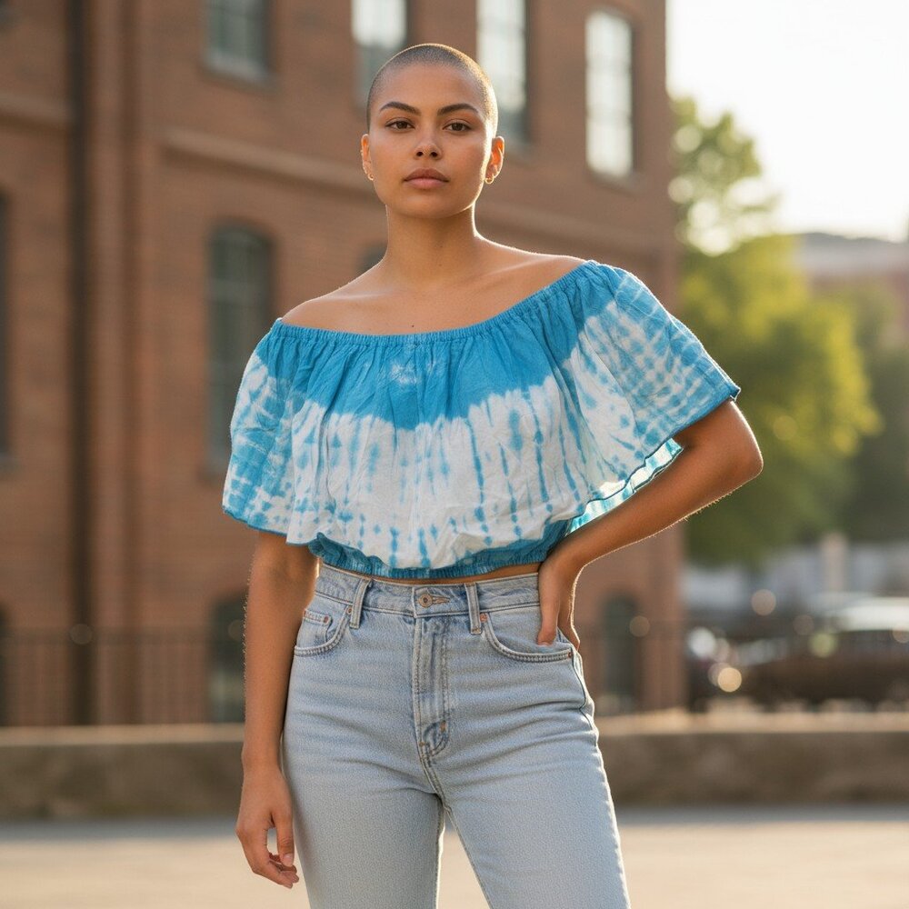 Just From Bali Crop Top Teal & White Tye Dye One Size Elastic Fit Beach Boho NWT